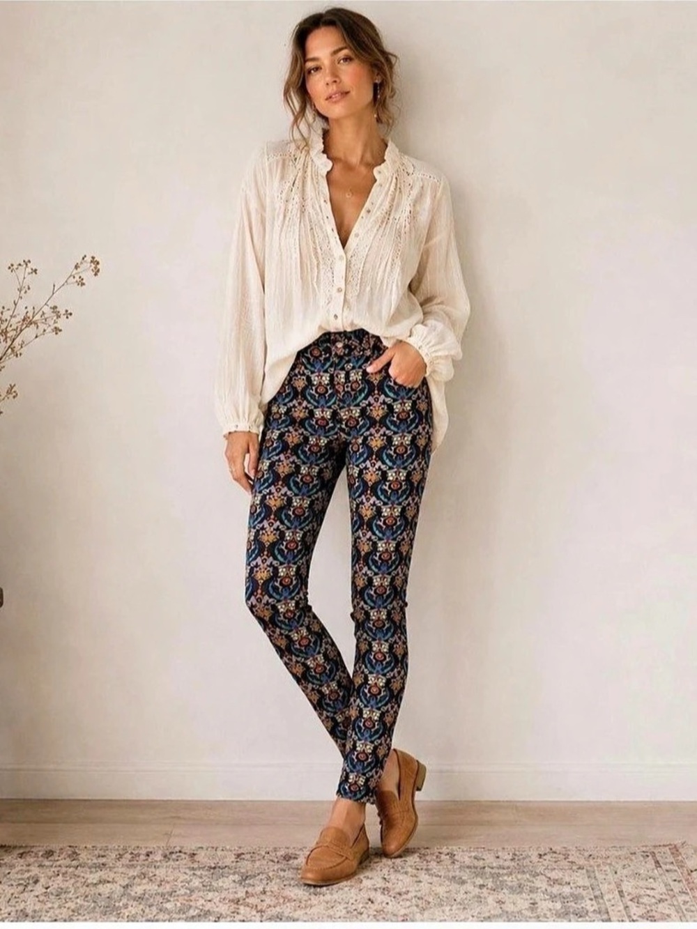 Pilcro Anthropologie Corduroy Pants Boho Damask Print Serif Fit Women's Size 31